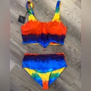 High Waisted 2 Piece Ruched Tankini Swimsuit Tie Dye Rainbow Women's Size L 8-10